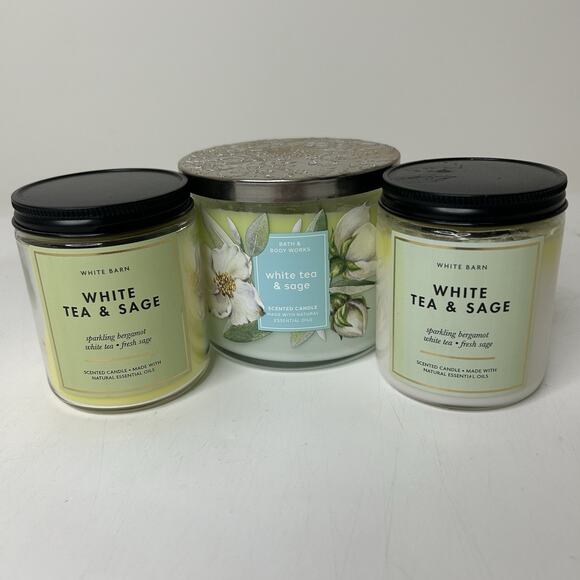 Bath & Body Works Candles WHITE TEA & SAGE 3-wick 14.5oz & 2 7oz Lot Of 3 - Picture 1 of 5